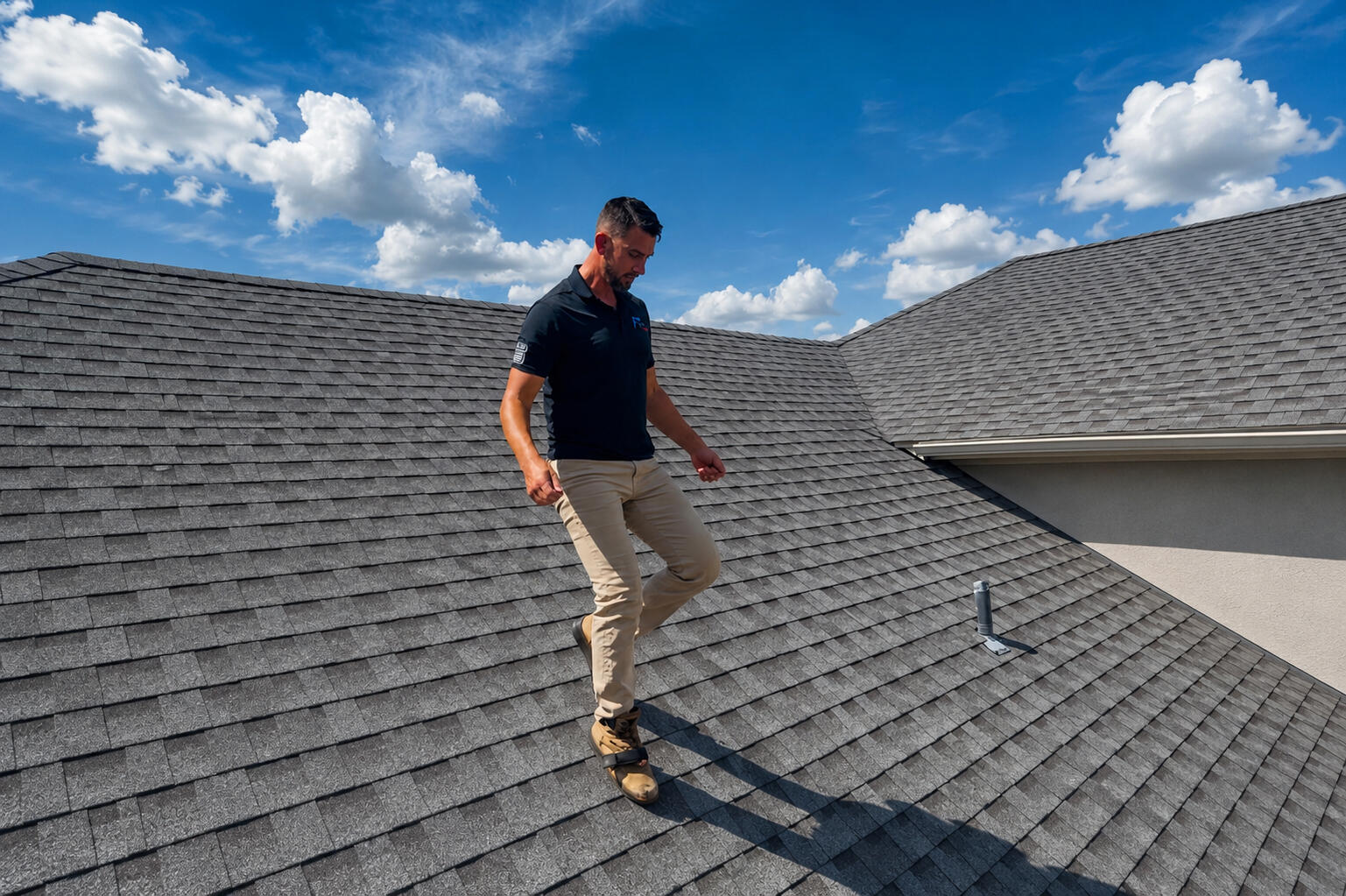 Roofing professional kneeling inside a residential attic while taking inspection photos with a smartphone during a roof evaluation in San Antonio, Texas.